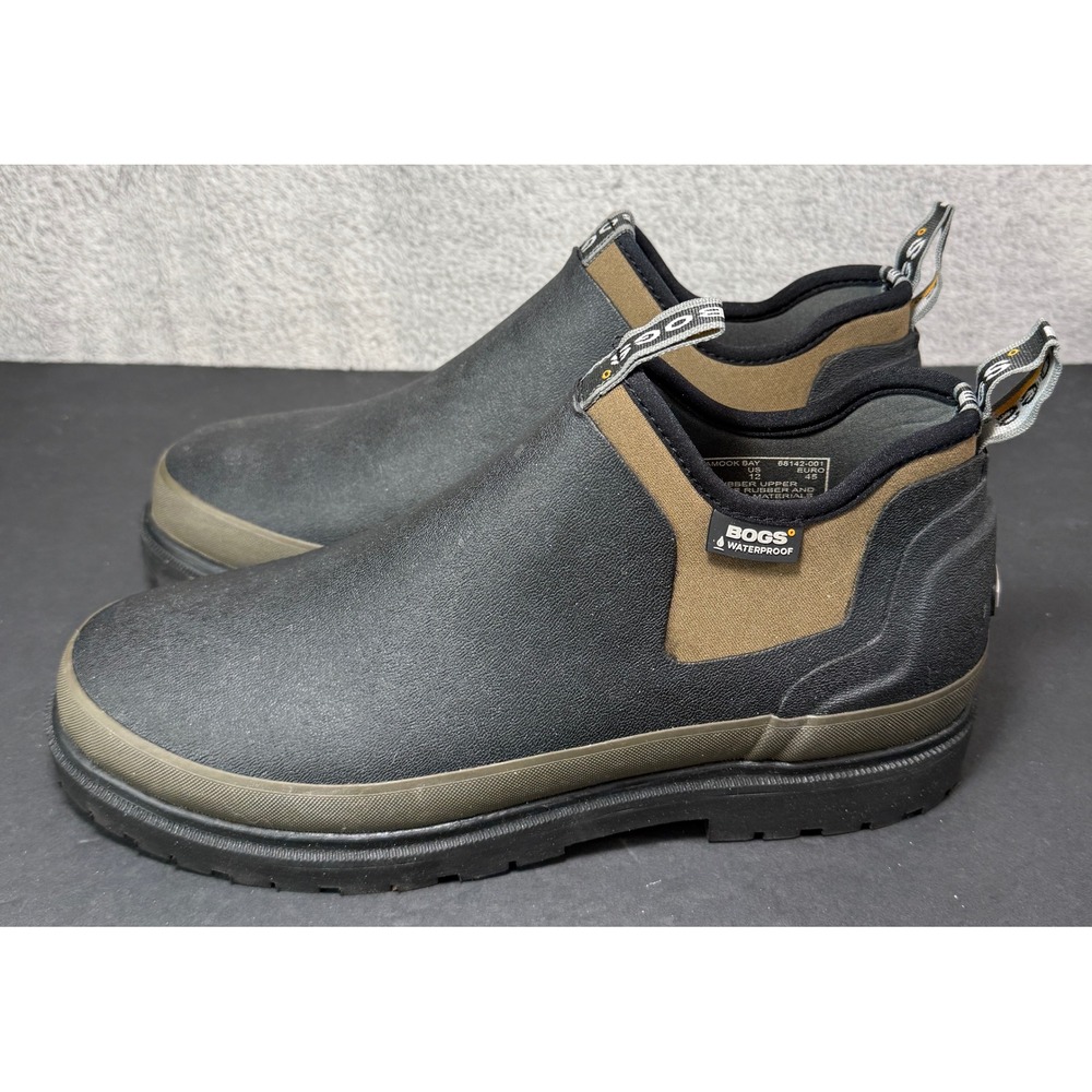 Bogs Tillamook Bay Waterproof Boots Mens 12 Black Olive Rubber Slip On 68142-001